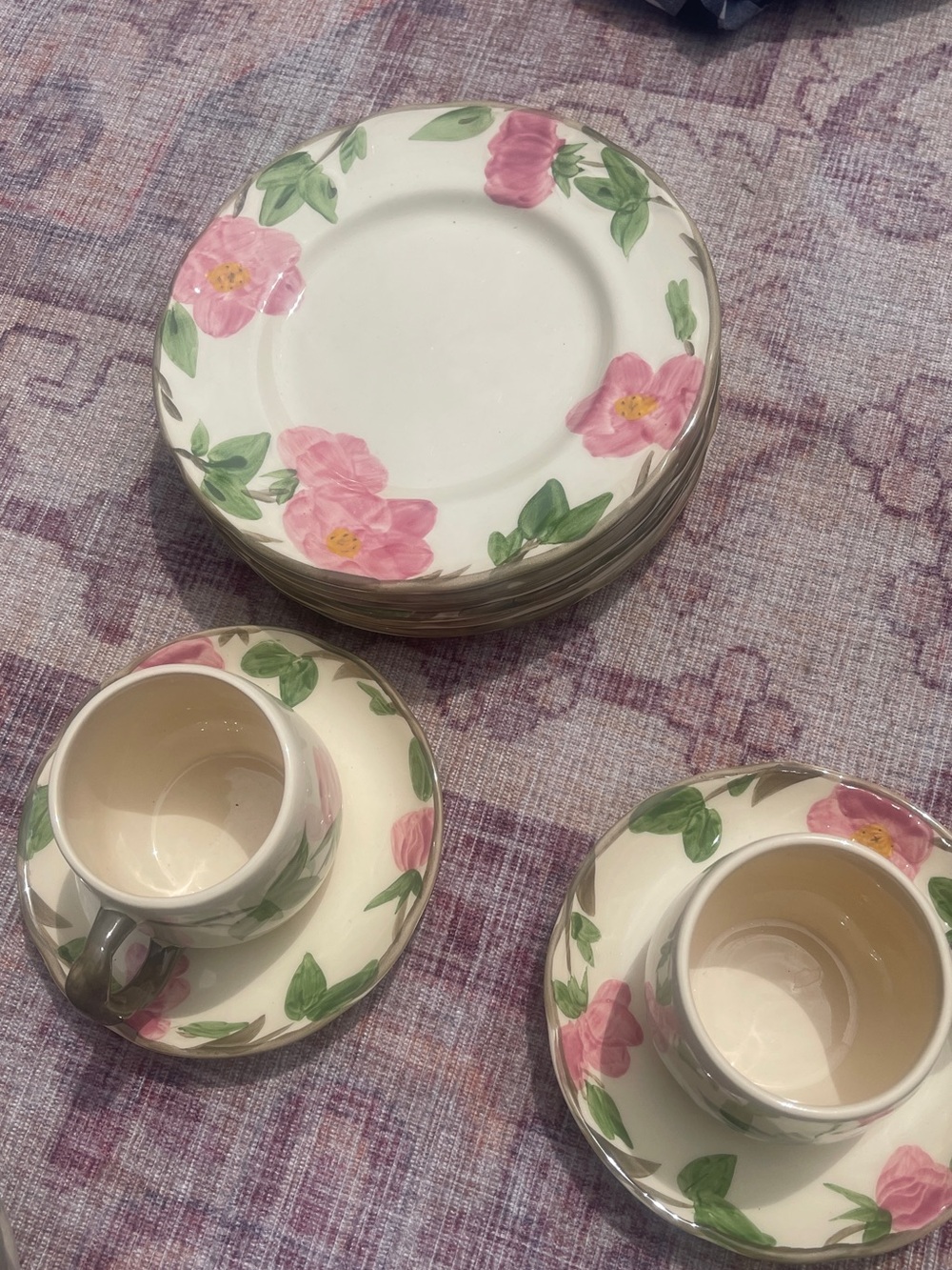 Pink Floral Dinnerware Plate and Cup Set - Cream Background